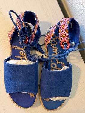 Sam Edelman Blue Suede Beaded Ankle Tie Sandals